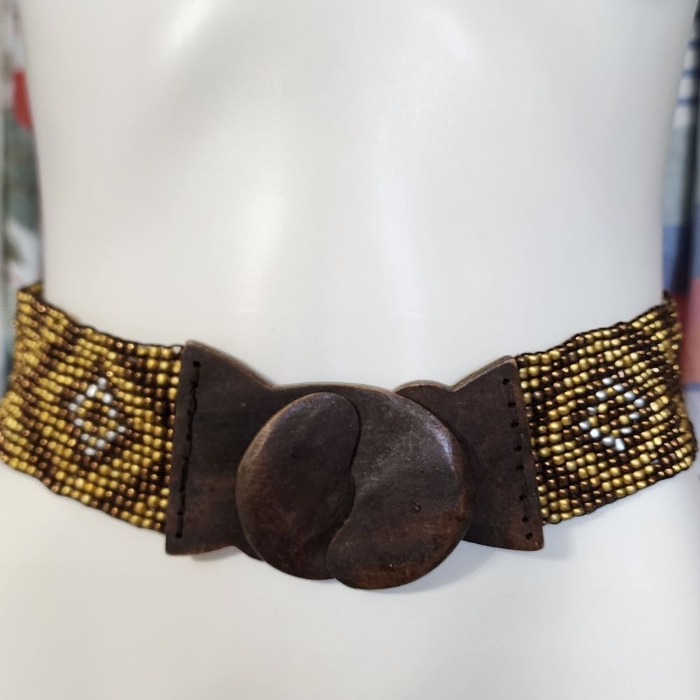 Vintage Belt S/M Bronz Gold Silver Beaded Wooden Buckle Stretch Boho